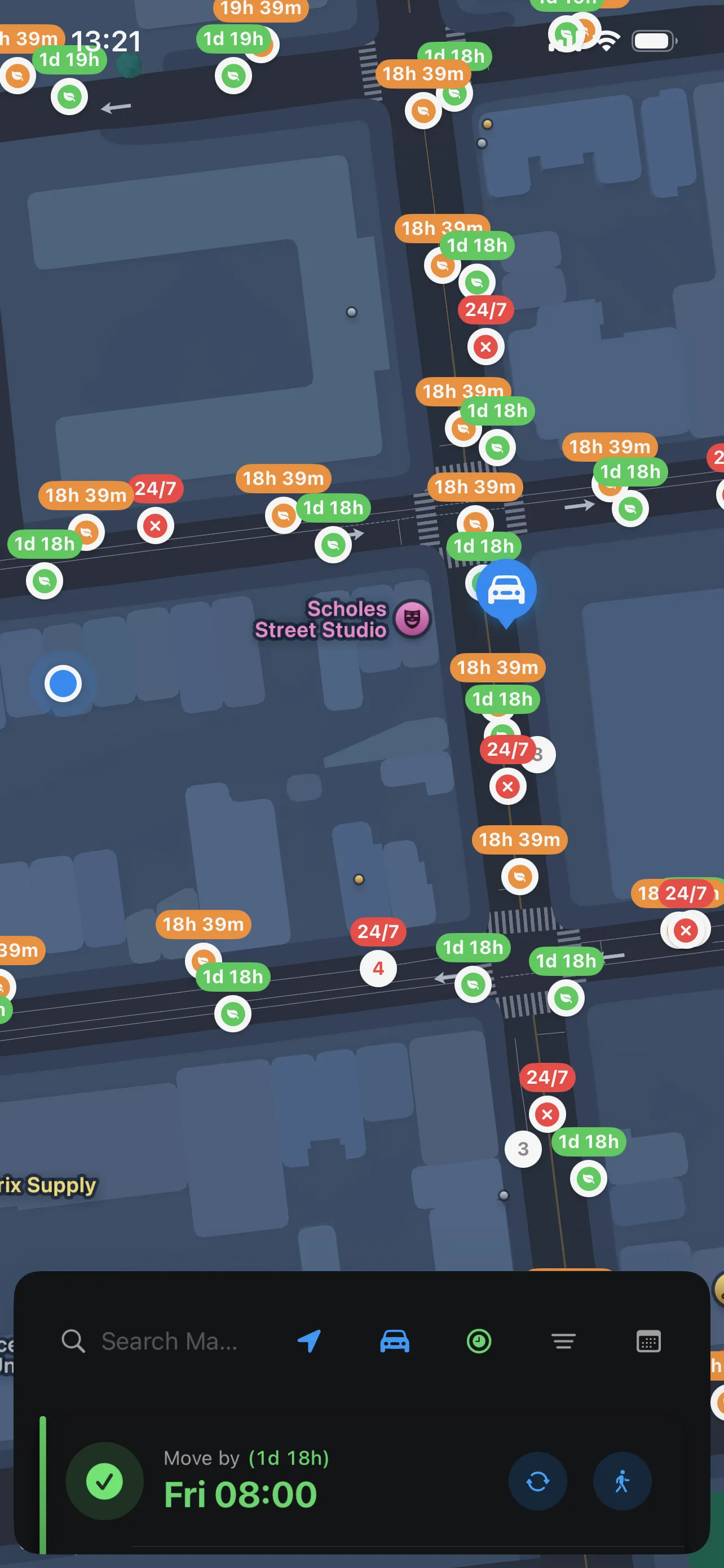 The ParkSafe app showing parking signs on a Brooklyn street, each labeled with how long until it restricts parking
